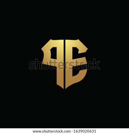 PE logo monogram with gold colors and shield shape design template