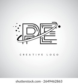 Logotipo de monograma de órbita PE - marca de letra mínima futurista com linha circular de arte, pontos inspirados na tecnologia e conceito de movimento espacial para identidade de marca moderna