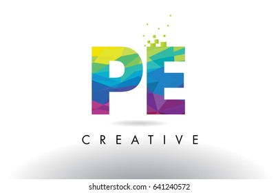 PE P E Colorful Letter Design with Creative Origami Triangles Rainbow Vector.