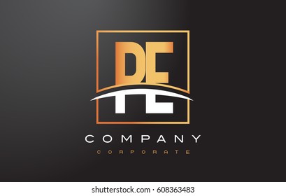 PE P E Golden Letter Logo Design with Swoosh and Rectangle Square Box Vector Design.