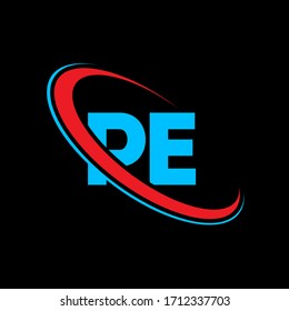 Diseño del logotipo de la letra PE P E. Letra inicial con el logotipo monograma en mayúscula PE enlazado en mayúscula roja y azul. Logo de PE, diseño de P E