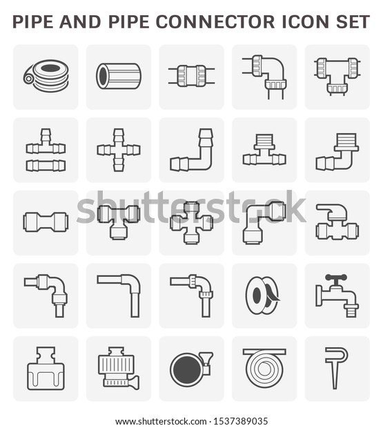 PE pipe icon and other material such as pipe\
connector, water valve control, faucet, rubber band, plumbing tape,\
hose clamp for gardening watering sprinkler system vector icon set\
design.