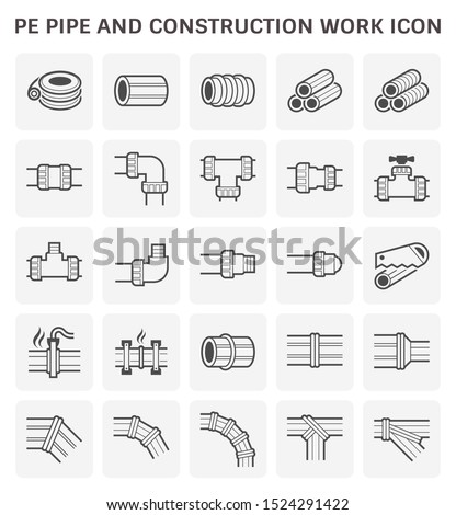 Pe pipe part and construction icon such as connector, fitting, faucet and welding work vector icon set design, expand line icon.