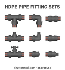 PE pipe and part vector icon such as connector, fitting, valve control for distribution water or electrical cable protection both on ground and underground location.
