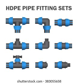 PE pipe and part vector icon such as connector, fitting, valve control for distribution water or electrical cable protection both on ground and underground location.