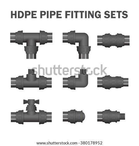 PE pipe and part vector icon such as connector, fitting, valve control for distribution water or electrical cable protection both on ground and underground location.