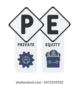 PE - Private Equity Akronym. Geschäftskonzept Hintergrund. Vektorillustration Konzept mit Schlagworte und Icons. Schriftbild mit Icons für Web Banner, Flyer