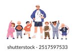 PE teacher with kids, physical education class. Elementary school PT, coach and children. Kindergarten boys and girls, sports training lesson. Flat vector illustration isolated on white background