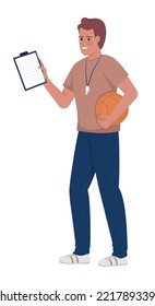 PE Teacher Semi Flat Color Vector Character. Trainer With Clipboard And Ball. Editable Figure. Full Body Person On White. Sport Simple Cartoon Style Illustration For Web Graphic Design And Animation