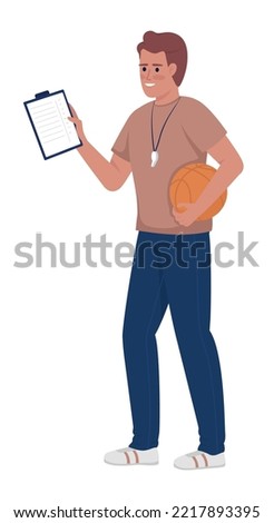 PE teacher semi flat color vector character. Trainer with clipboard and ball. Editable figure. Full body person on white. Sport simple cartoon style illustration for web graphic design and animation
