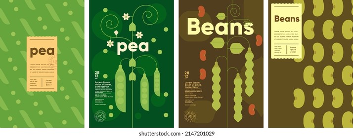 Pea. Beans. Set of vector illustrations. Label design, price tag, cover design. Backgrounds and patterns. 