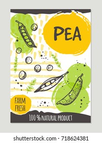 Pea brochure concept design. Retro background. Hand drawn vector illustration. Can be used for street festival, farmers market, country fair, shop, menu, cafe, restaurant, poster, banner.