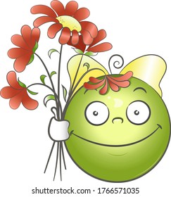 Pea character with a bouquet. Vector.