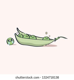 Pea character cute cartoon illustration kawaii. Cartoon Isolated print for greeting card. post card. flyer, badges, sticker, poster, postcard, patches, banner, scrapbooking. Vector  illustration