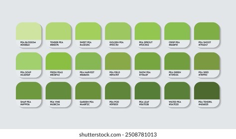 Paleta de cores de ervilha, Paleta de guia de cores verde ervilhas com nomes de cores. Catálogo Amostras de cores de metal verde com códigos RGB HEX. folha de revestimento Cor verde, Moda Tendência Pea Cor tons de sombra