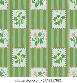Pea and cucumber seamless pattern. Cartoon plants with leaves, blossoms and fruits. Botanical elements in openwork frames on background with vertical hand drawn strippes. Vector print on fabric.