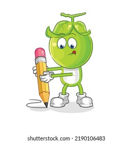 the pea head write with pencil. cartoon mascot vector
