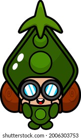 pea mascot costume cartoon character vector carrying a camping bag and binoculars
