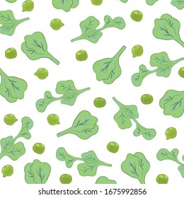 
Pea microgreens and green peas. Texture. Color image. Design element. Vector illustration.