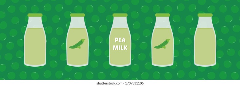 Leche de pea, leche a base de plantas en botellas sobre ilustración vectorial de fondo verde, banner horizontal.