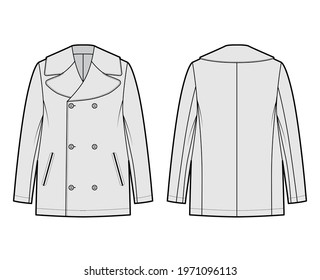 Pea overcoat technical fashion illustration with fingertip length, oversized Stand up collar, jetted pockets. Flat jacket template front, back, grey color style. Women, men, unisex top CAD mockup