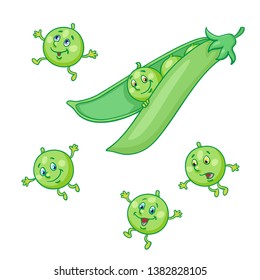 Pea pod and funny peas.  In cartoon style. Isolated on white background. Vector illustration.