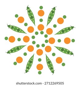 Vector de ilustración de vaina de guisante con arreglo abstracto con vainas de guisante verde y puntos naranjas y verdes en patrón circular sobre fondo blanco