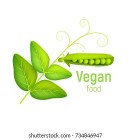 Pea pod with leaves isolate on white background. Vegetable 3d vector. Vector illustration