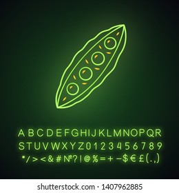 Pea pod neon light icon. Recipe ingredient. Healthy diet. Greenery. Vegan food. Beans. Agriculture plant. Vegetable farm. Glowing sign with alphabet, numbers and symbols. Vector isolated illustration
