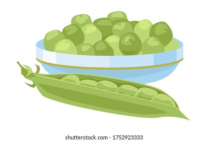 Pea Pod. Plata con guisantes. Ilustración vectorial. Aislado sobre un fondo blanco.