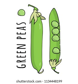 Pea pods and green peas. Vector illustration. Cartoon style.