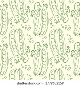 Pea pods, scattered peas. Vector seamless pattern. Natural organic ingredients, food for vegetarians and vegans menu. Design element, fabric, wrapping paper. Sketch outline, vector in flat style. 