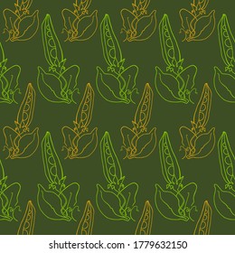 Pea pods. Vector seamless pattern. Natural organic ingredients, food for vegetarians and vegans menu. Design element, fabric, wrapping paper.  Sketch outline, vector in flat style.