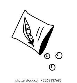 Pea seeds in paper bag black. Peas sowing monochrome doodle outline vector illustration on white background. Micro green monochrome outline cartoon drawing.