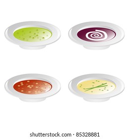 pea soup, beet soup, tomato soup and cream soup