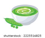 Pea soup with cream icon vector. Delicious soup with fresh pea pods icon vector isolated on a white background. Bowl of green soup drawing