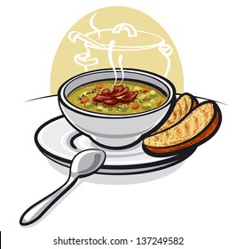 pea soup with ham and toasts