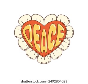 Peace 70s 80s retro cartoon groovy and hippie symbol or quote. Vector typography, phrase or slogan featuring flowing, rounded letters inside of floral heart with petals, embodying love and harmony