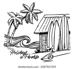 Peace and adventure in this charming beach house, where the waves beckon and the surfboards await you. Live life in harmony with the sea. Editable drawing with simple lines.