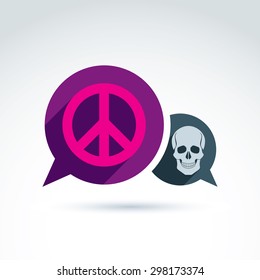 Peace against war icon with death skull, vector conceptual unusual symbol for your design.