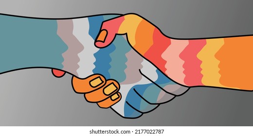 Peace, Agreement, Collaboration, Community Between Group Of Diverse Cultures And Race. Multi Color Rainbow Handshake Vector Illustration Background.