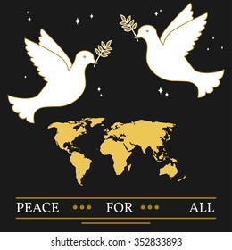 Peace for all greeting card. EPS10 vector.  Doves and map thin line.