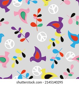 Peace Bird and Leaf Symbol Multicolor Vector Seamless Pattern