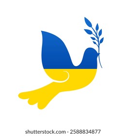 Peace bird with plant branch in beak in colors of national Ukrainian flag isolated on white backgroind.