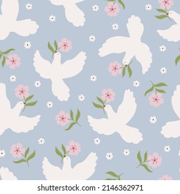 Peace bird seamless pattern design, hand drawn vector digital paper background for fabric, textile, stationery, wallpaper.

