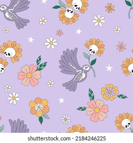 Peace bird skeleton skull flower vector seamless pattern. Hippie Halloween floral background. Boho Flower power surface design.