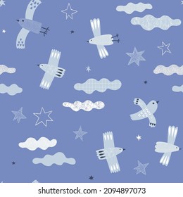 Peace birds fly in clear blue sky vector seamless pattern. Childish evening skies with clouds and stars background. Scandinavian decorative surface design for nursery and baby textile.