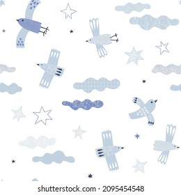 Peace birds fly in clear sky vector seamless pattern. Childish evening skies with clouds and stars white background. Scandinavian decorative surface design for nursery and baby textile.