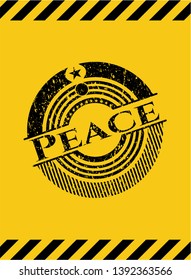 Peace black grunge emblem, yellow warning sign. Vector Illustration. Detailed.