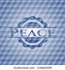 Peace blue badge with geometric pattern background.